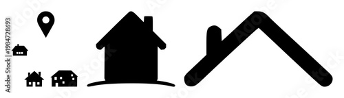 House location pin set with solid black icon on white background featuring house, pin, map marker with bold lines and simple outline