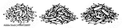 Wood shavings set with piled curled wood shavings in hand‑drawn line art featuring wooden texture, natural fibers, organic shapes with brushstroke illustration and white background
