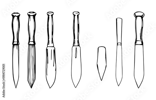 Wood chisels set with hand-drawn organic art style featuring sharp blades, wooden handles, metal ferrules with a professional finish and essential tools