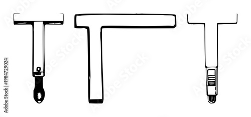 T-square set with hand-drawn organic line art design featuring metal tool, drafting instrument, geometry with white background and paper