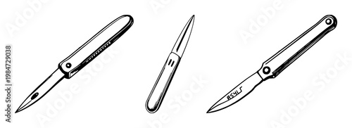 Scalpel set with vintage metal texture and hand-inked line art detailing featuring medical tool, surgical equipment, sharp blade with healthcare instrument and precision cutting