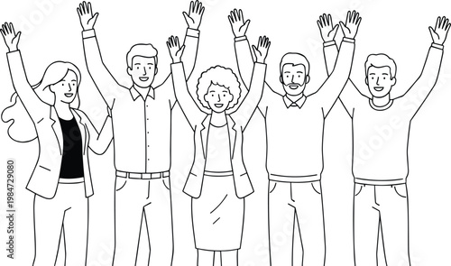 Diverse professional business team celebrating success with arms raised in victory for corporate achievement and group motivation concept line art vector.