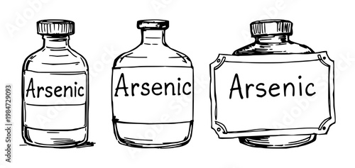 Apothecary label set with hand-drawn toxic arsenic design featuring vintage, poison, antique with skull and crossbones