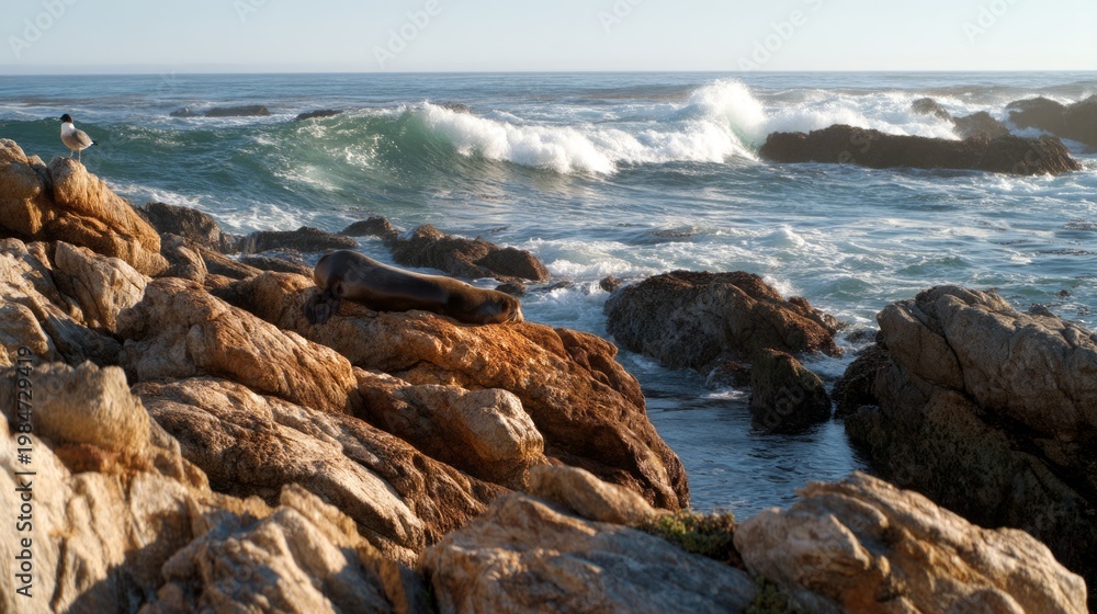 Fototapeta premium Seal Resting on Rocky Shoreline with Seabird Overlooking Waves Crashing