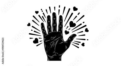 Black and white hand illustration with radiating hearts.