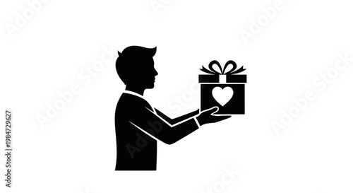 Black silhouette icon of a man offering a gift box with a heart symbol.