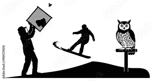 Snowboarder airborne during jump with photographer and owl watching against white background