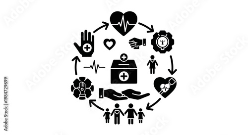 Medical Charity and Healthcare Donation Concept Icons Set.