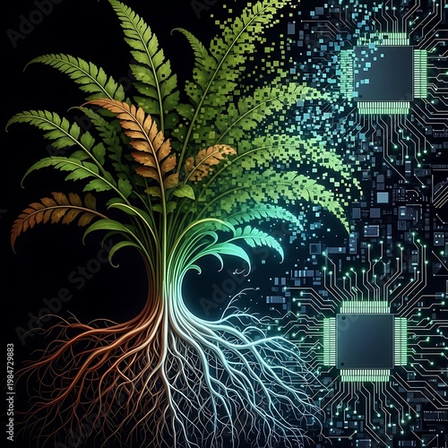 Digital Nature Fusion - Plant Roots and Circuitry Intertwined.