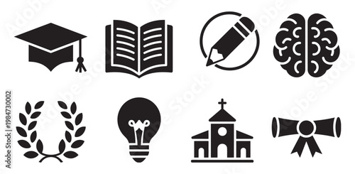 Education Icon Set, graduation knowledge writing brain achievement idea church diploma black white vector icon collection design set illustration pack