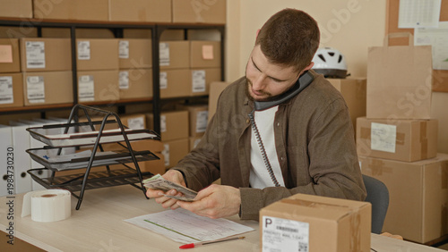 Wallpaper Mural Man counting cash with hands among parcels on desk in building mailroom, holds telephone handset while checking invoice; focus efficiency responsibility. Torontodigital.ca