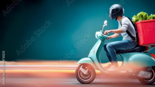 Courier riding a scooter with a delivery box full of fresh groceries in fast urban motion
