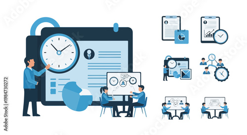 A business-themed vector illustration depicting time management, scheduling, and team collaboration using stylized characters and icons in blue.