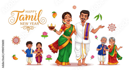 A cartoon illustration for Tamil New Year features a family in traditional attire celebrating Puthandu, with decorative floral elements, mangoes, and kolam designs, set against a clean