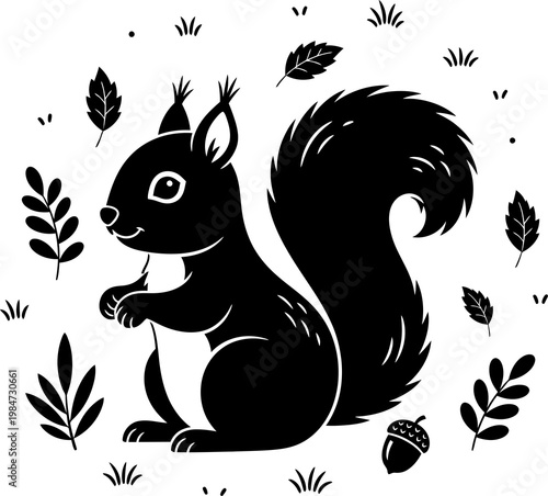 Black Squirrel Silhouette with Leaves and Acorn White Background