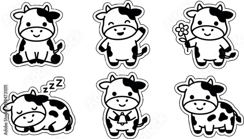 Black and white line art cute cow stickers with various poses and expressions