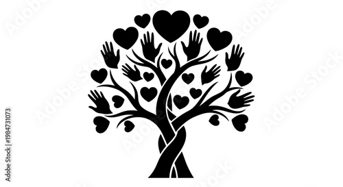 Abstract illustration of a tree made from hands and hearts representing unity and community.