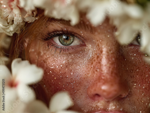 A close-up portrait of a woman with green eyes, wearing a daisy flower crown, her skin dusted with sparkling glitter, partially framed by soft white daisies in a dreamy, ethereal shot.
