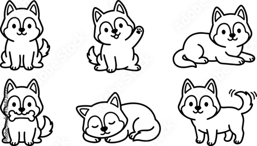 Cute black and white line art husky puppy in various playful poses vector