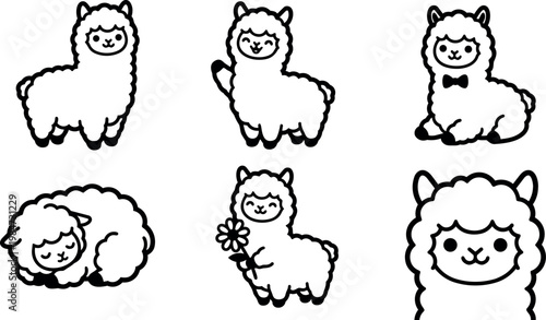 Five playful alpacas and one close up face