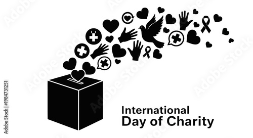 International Day of Charity concept with donation box and charity symbols.