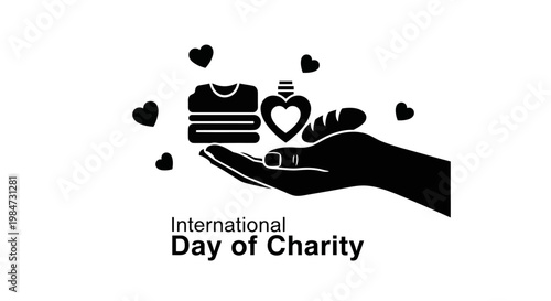 International Day of Charity concept with hand holding donations and hearts.