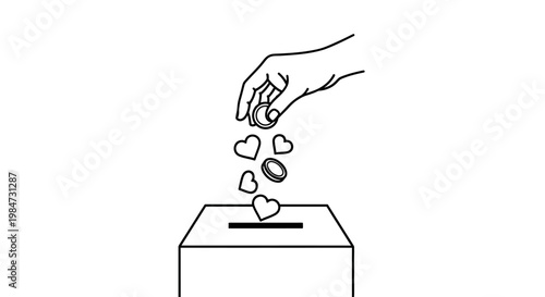 Line art illustration of a hand donating hearts into a charity box.