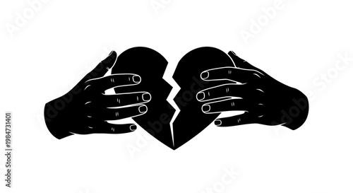 Black silhouette illustration of hands holding a broken heart shape.