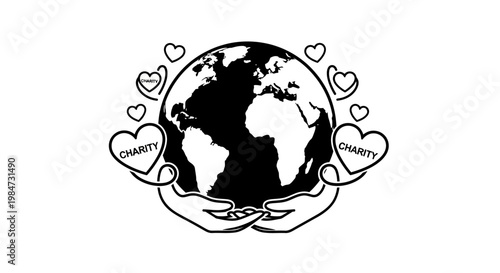 Hands holding earth globe icon with charity hearts illustration.