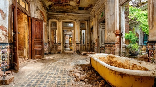 Crumbling Colonial Era Bathroom with Ornate Yet Decayed Design Elements