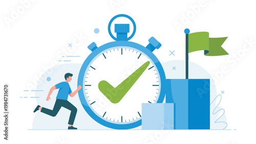 Active character running towards delivery package large stopwatch green checkmark fast shipping service vector illustration concept