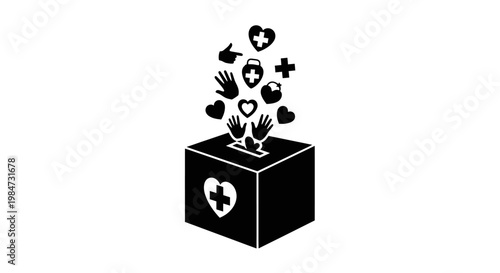 Donation box icon with medical hearts and hands symbols.