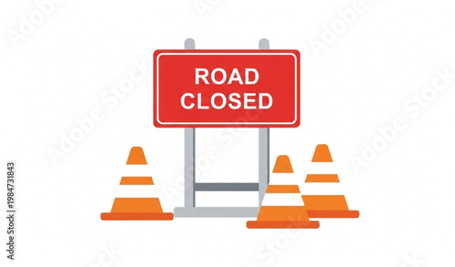 Minimal Road Closed Sign with Cones Safety Vector Design