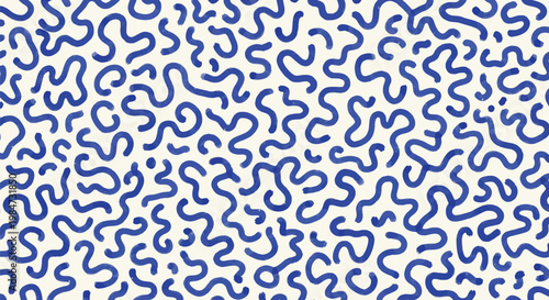 Abstract hand drawn blue squiggly lines pattern on a light cream background texture.