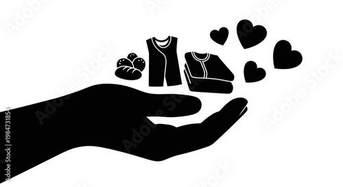 Black silhouette illustration of a hand holding food and clothing with heart symbols representing charity and donation.