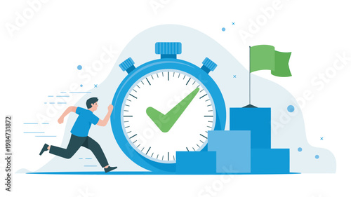 Active character running towards delivery package large stopwatch green checkmark fast shipping service vector illustration concept