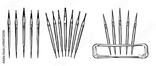 Surgical needles set with rough sketchy art design featuring medical tools, healthcare equipment, sterile instruments with silver finish and white background