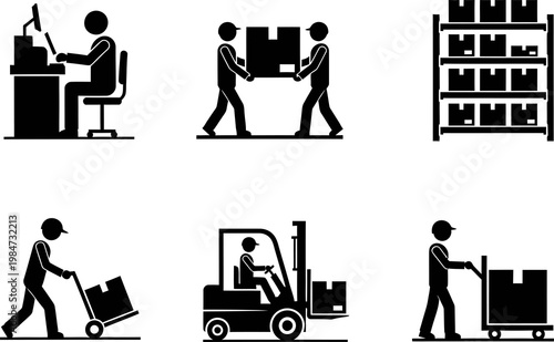 Black silhouettes of people working in warehouse logistics and delivery