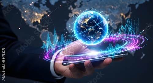 Businessman Holding Smartphone with Glowing Global Network and Data Analytics, Fintech Concept