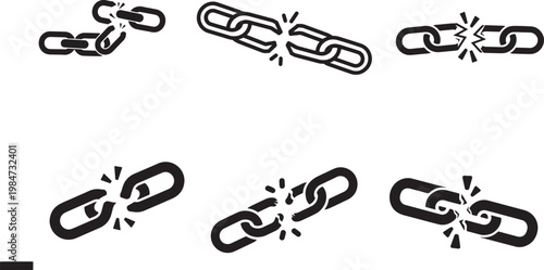 Broken chain links vector graphics with disconnect separation struggle challenge solution