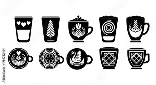 Set of coffee cups with latte art and geometric patterns silhouette icons on white background collection of espresso mugs with creative milk foam designs style