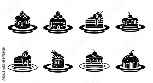 Delicious cake and pastry dessert icons with berry toppings and chocolate syrup silhouettes collection of sweet bakery items on plates for cafe menu design