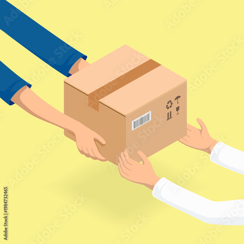 Courier hands over a cardboard box to a buyer. Cargo delivery. Isometric 3D projection. Vector illustration.