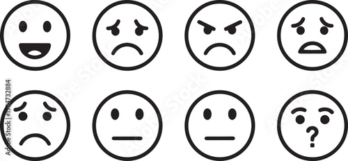 Collection of eight diverse emoji faces showing various emotions like joy sadness anger confusion