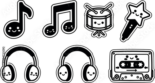 Cute black and white music notes drum headphones and cassette tape vector art
