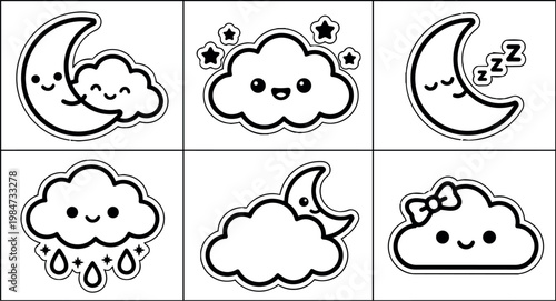 Black and white kawaii moon and cloud icons with happy faces and raindrops