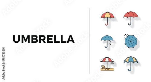 A professional collection of six umbrella icons featuring different styles, including rain umbrellas, a top-view parasol, and a beach umbrella with a sun lounger.