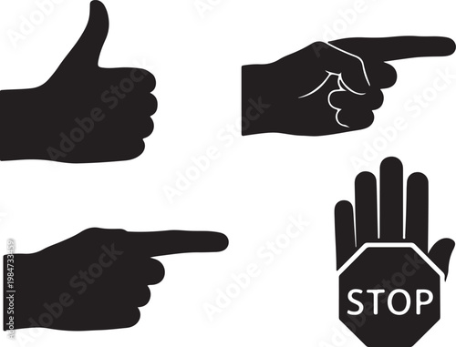 Set of four black hand gesture icons: thumbs up pointing finger stop hand signal with thumbs