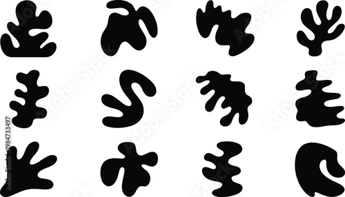 Abstract shape grid, organic blob silhouettes, black vector illustration, irregular design pattern, modern decorative art, psychological test inspired emblem