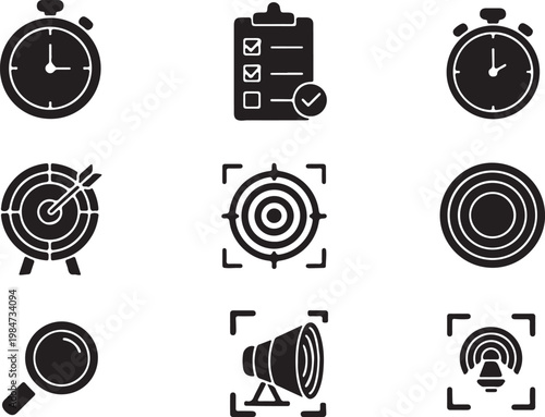 Collection of business icons representing time tasks targets search communication with stopwatch